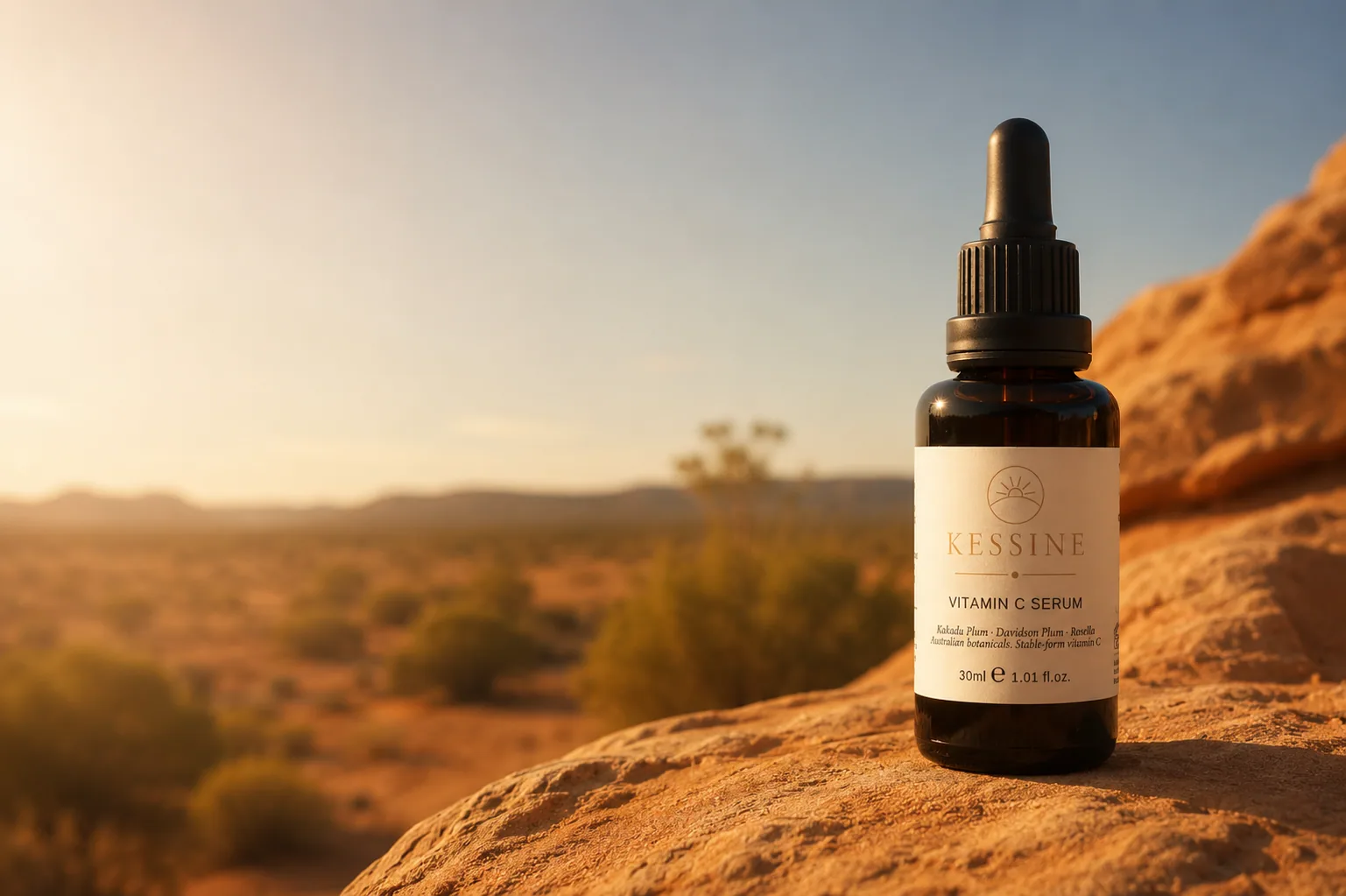 Kessine serum bottle resting on red desert rock at golden hour
