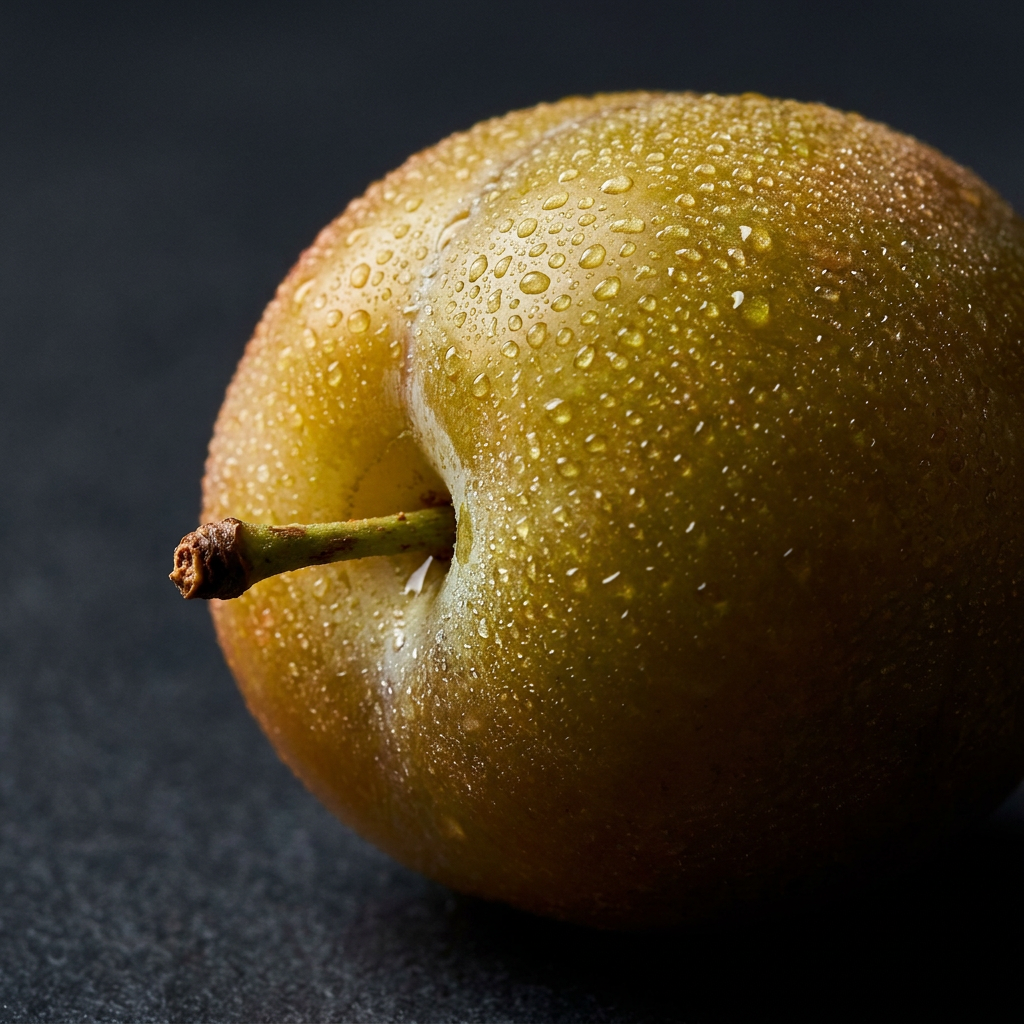 Close-up of a fresh Kakadu plum, its green-gold skin covered in water droplets