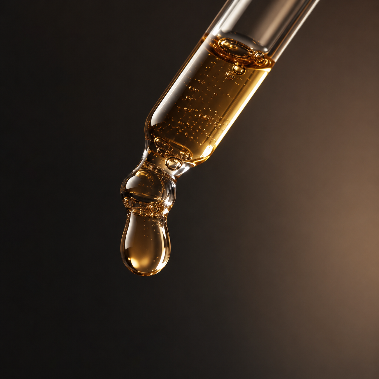 Close-up of a golden drop of Kessine vitamin C serum forming at the tip of the glass pipette