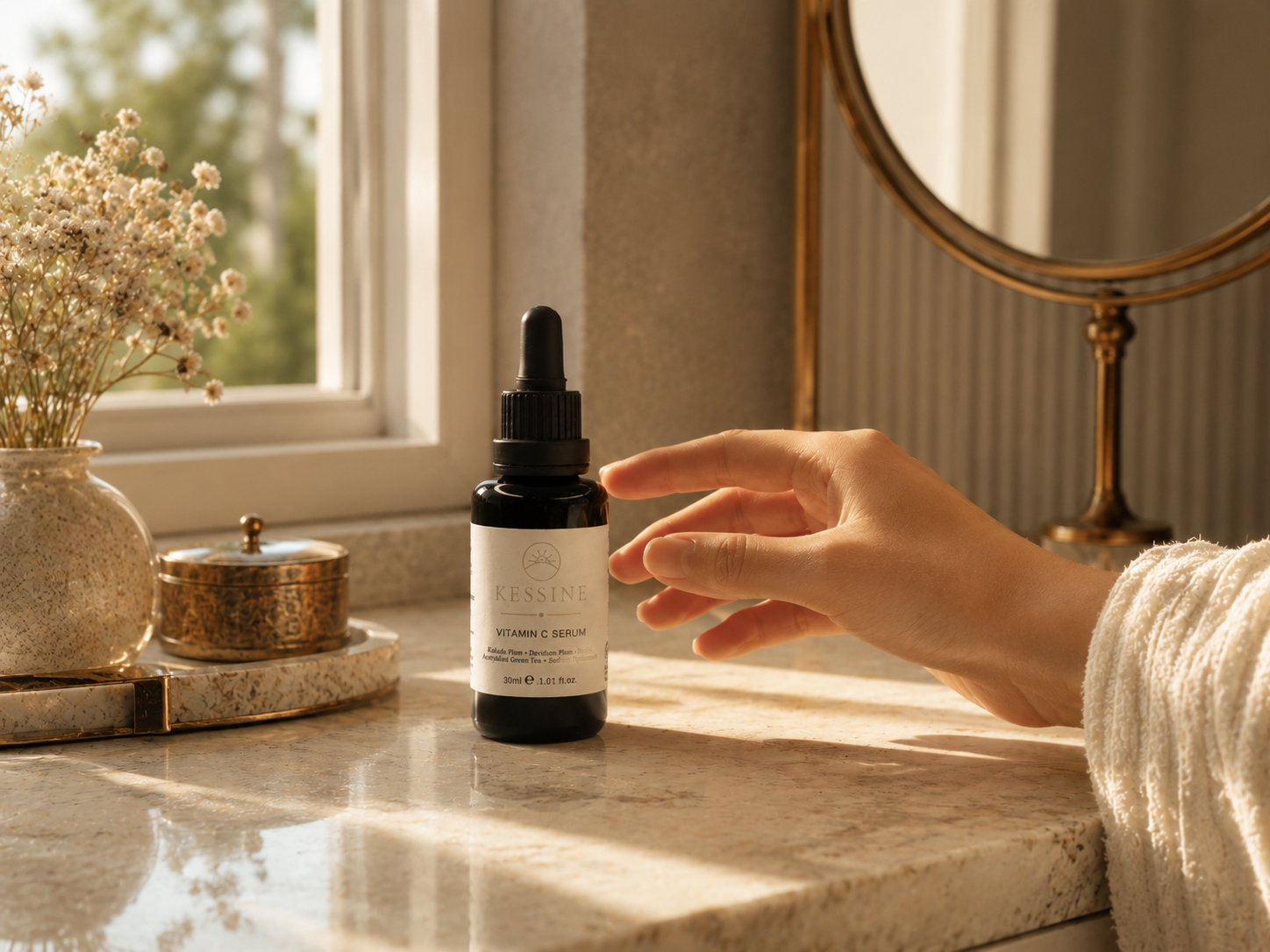 Kessine serum bottle on a stone bathroom benchtop in morning light, beside a vanity mirror and dried flowers